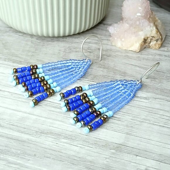 Blue Beaded Fringe Dangle Earrings, 2" - Picture 2 of 6